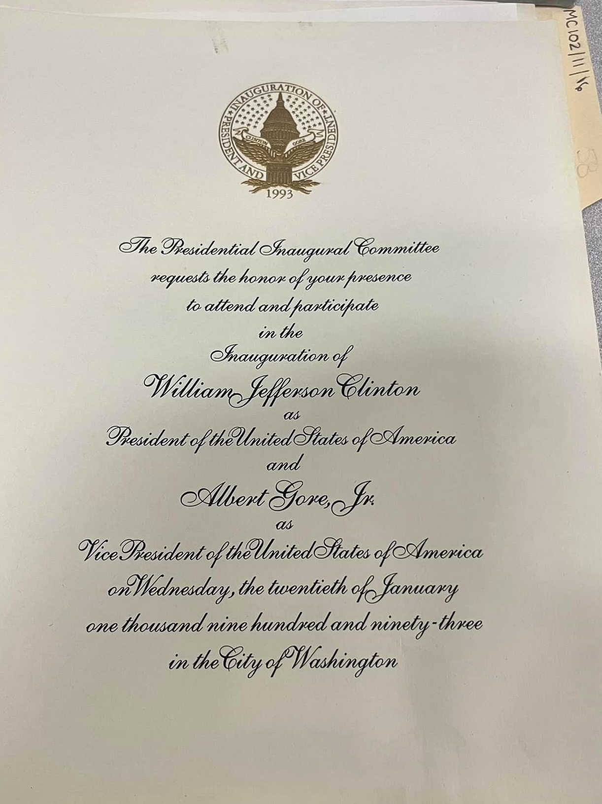 A photograph of an invitation to President Clinton’s inauguration sent to Dr. Hall in 1993.